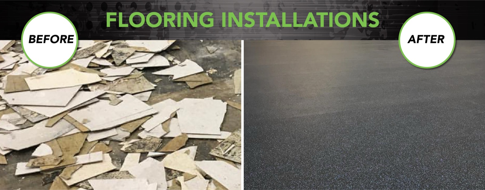 AV General Contracting flooring installation, before and after — torn-out subfloor beside a finished floor.